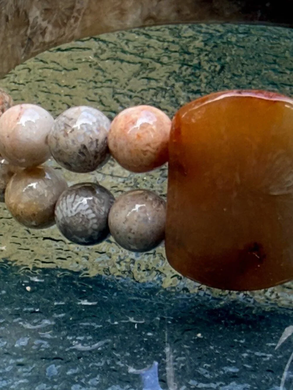 Unisex Coral Fossil Half Bangle Double Strand Bracelet